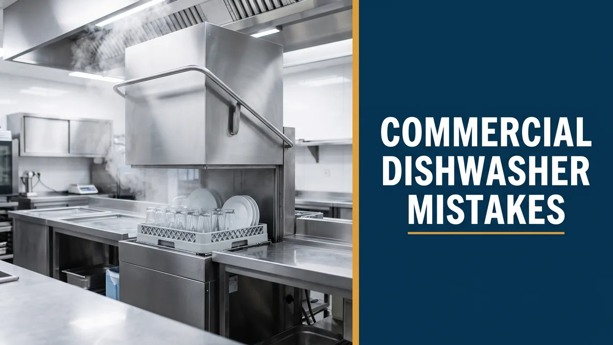 Stainless steel commercial pass-through dishwasher in a restaurant kitchen, the subject of commercial dishwasher repair