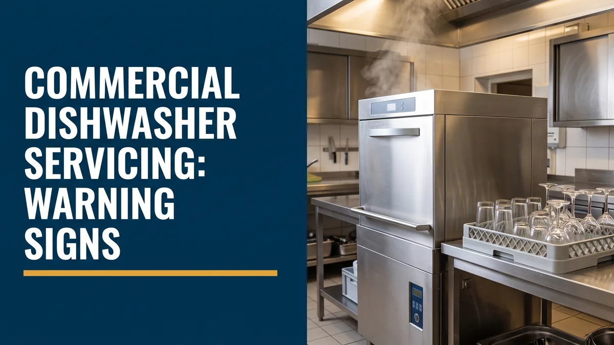 Stainless commercial dishwasher in an Ottawa kitchen next to a headline about servicing warning signs
