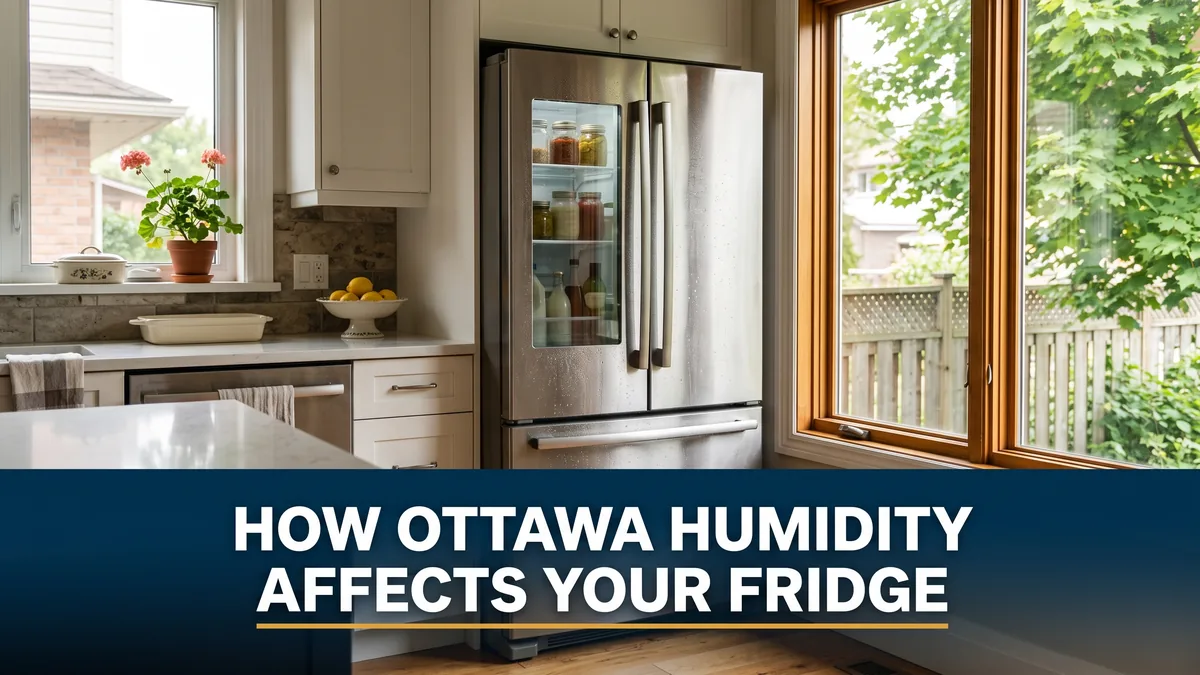Stainless refrigerator sweating on a humid summer day under a headline about humidity and fridge cooling