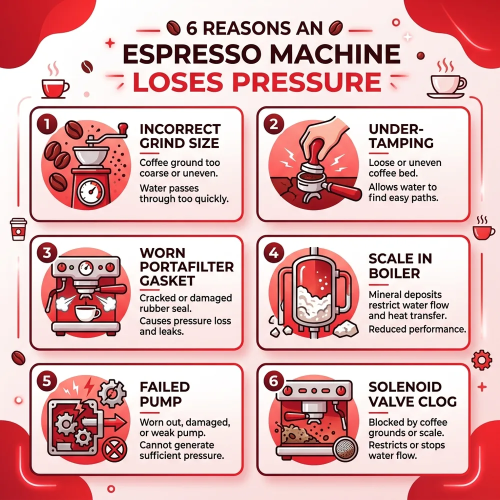6 reasons espresso machine loses pressure - causes and fixes guide