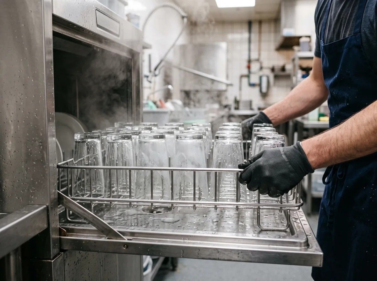 Chalky film on glassware indicating commercial dishwasher issues