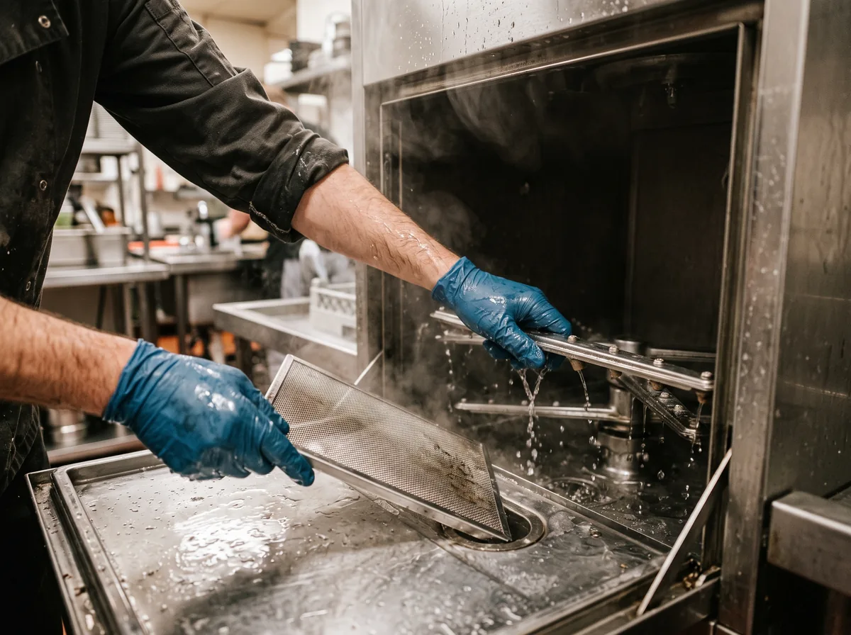 Clearing the filter during commercial dishwasher servicing