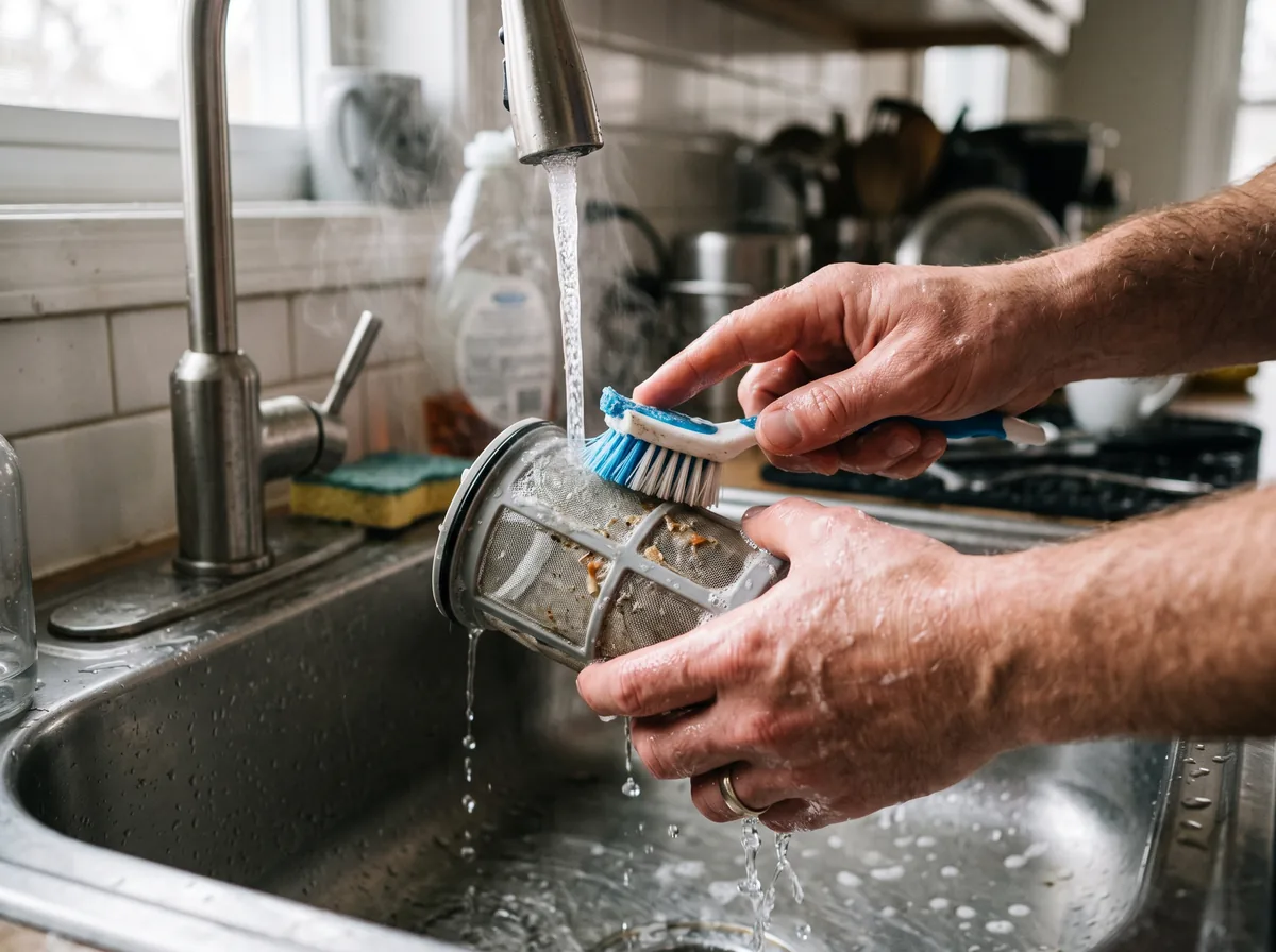 Brushing a dishwasher filter with a soft brush