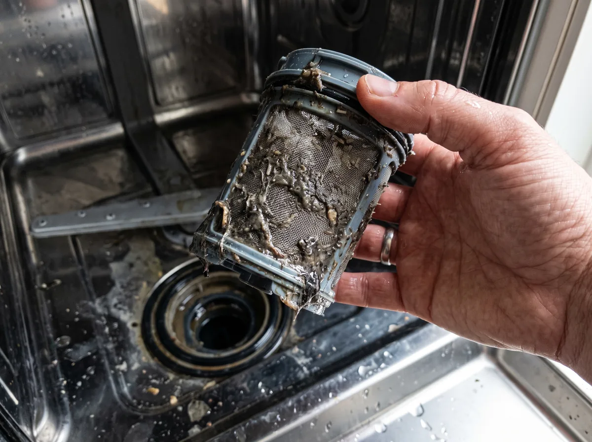 Dirty dishwasher filter filled with food residue
