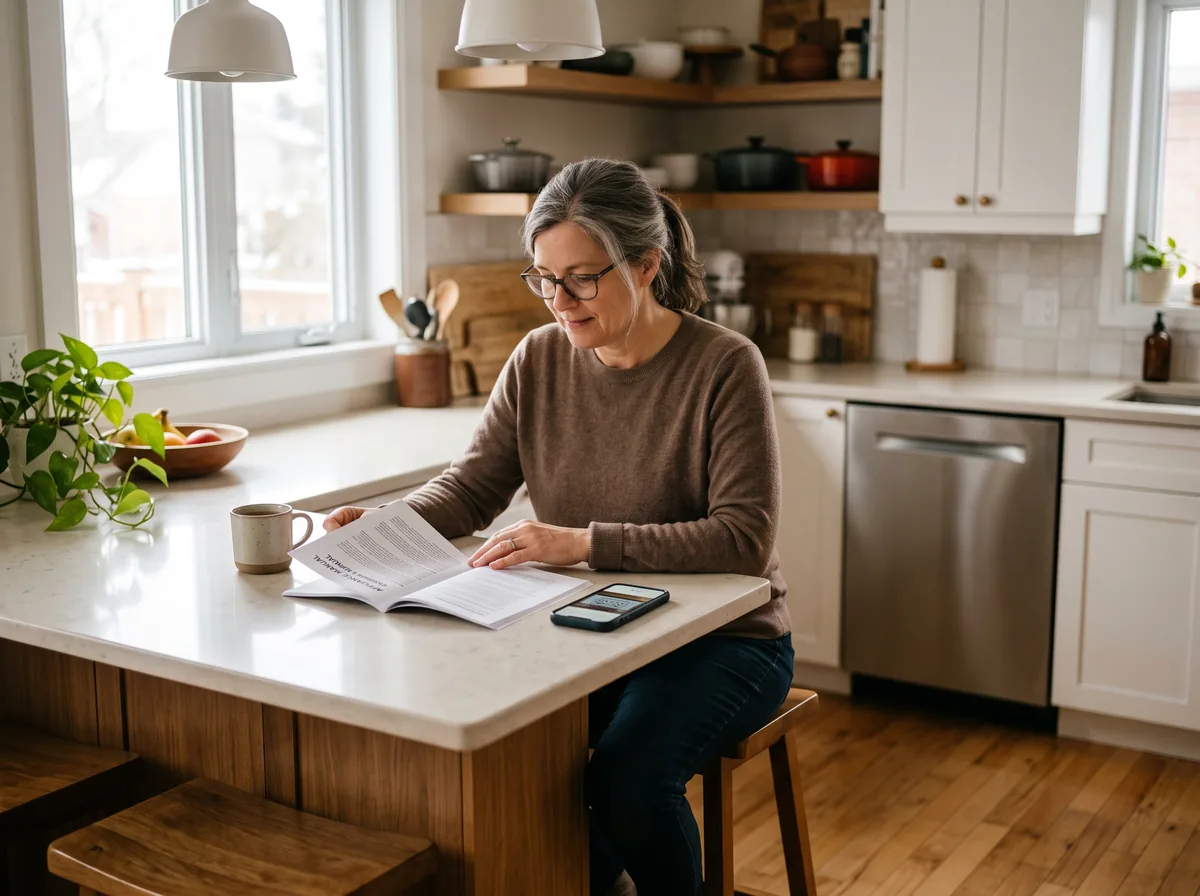 Homeowner checking appliance paperwork beside a kitchen counter in Ottawa